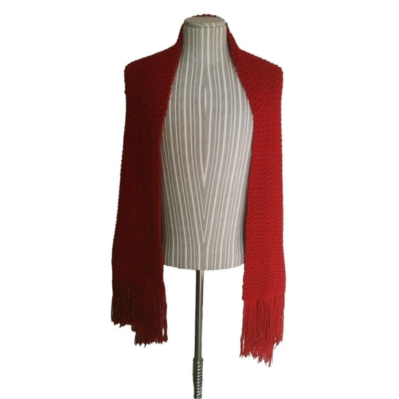 Handmade Knitted Scarf/Shawl/Wrap Wine Red Soft Yarn Fringe - Picture 3 of 4